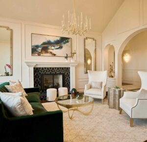 raashi-design-alamo-ca-designing-a-home-that-grows-with-you-contemporary-modern-living-room-design-green-velvet-couch-modern-art-chandelier-custom-millwork