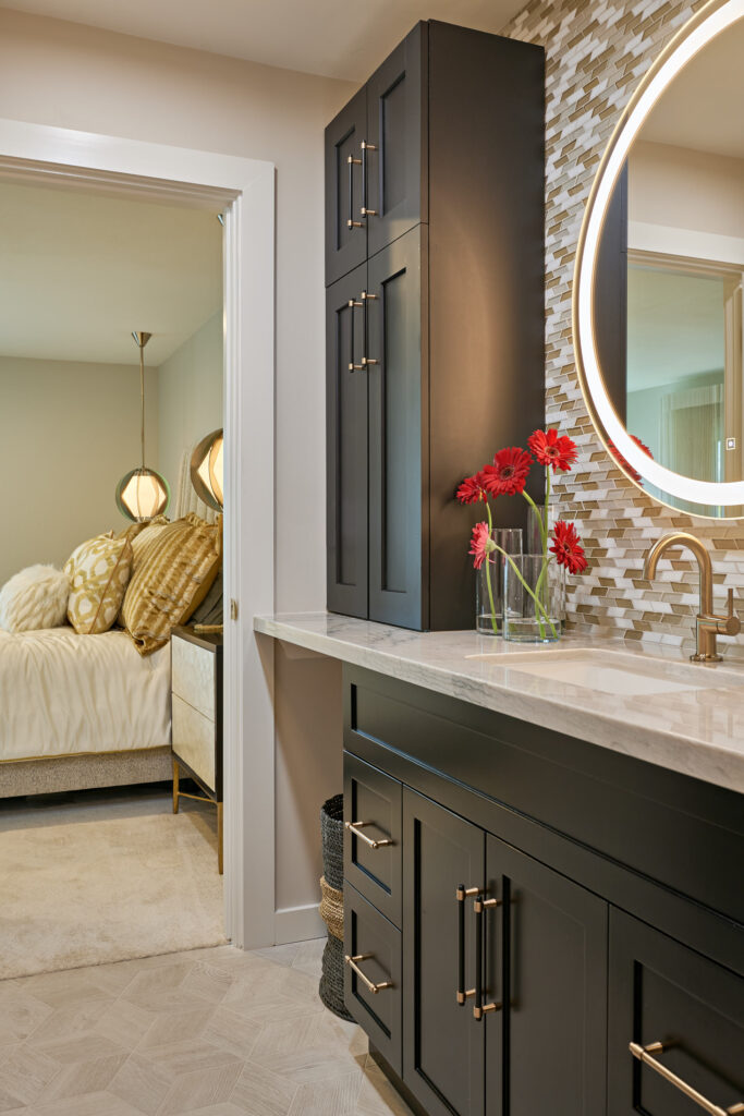 raashi-design-walnut-creek-ca-multi-generational-home-design-contemporary-ensuite-bathroom-round-backlit-mirror-view-into-bedroom-elegant