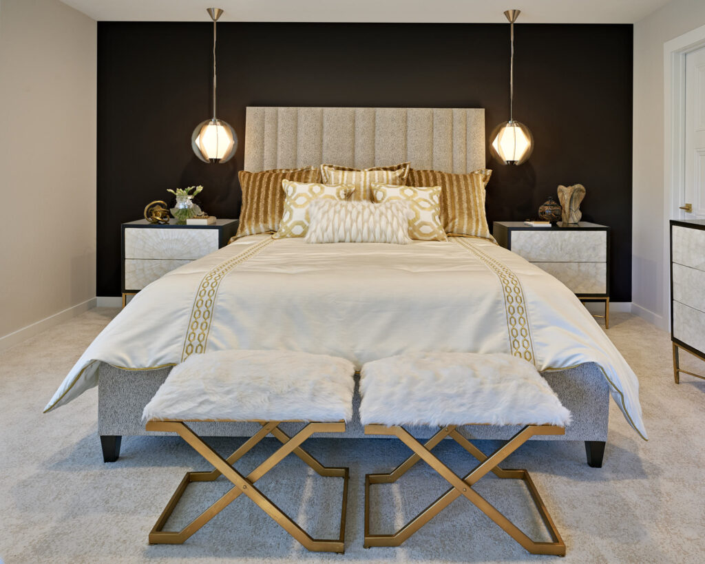 raashi-design-walnut-creek-ca-scale-and-proportion-in-design-luxury-bedroom-dark-wall-hanging-pendant-lights-over-nightstands-seating-end-of-bed-elegant