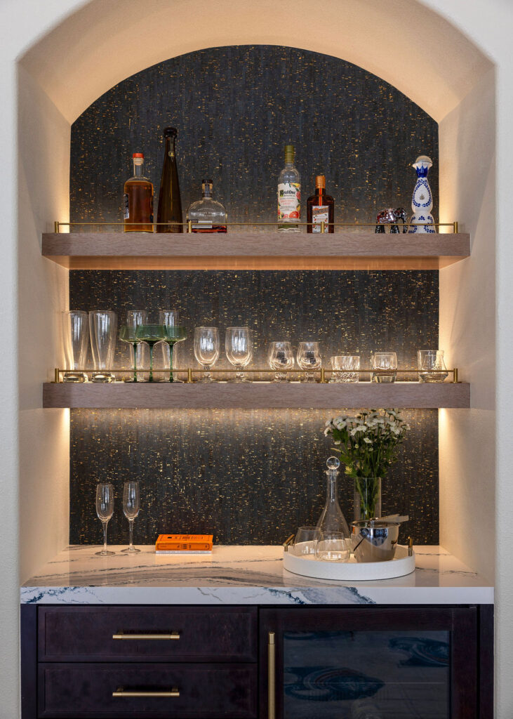full-service-interior-design-almaden-ca-interior-design-wood-accents-recessed-arched-alcove-built-in-wood-shelves-bar-backlit-vastu-shastra