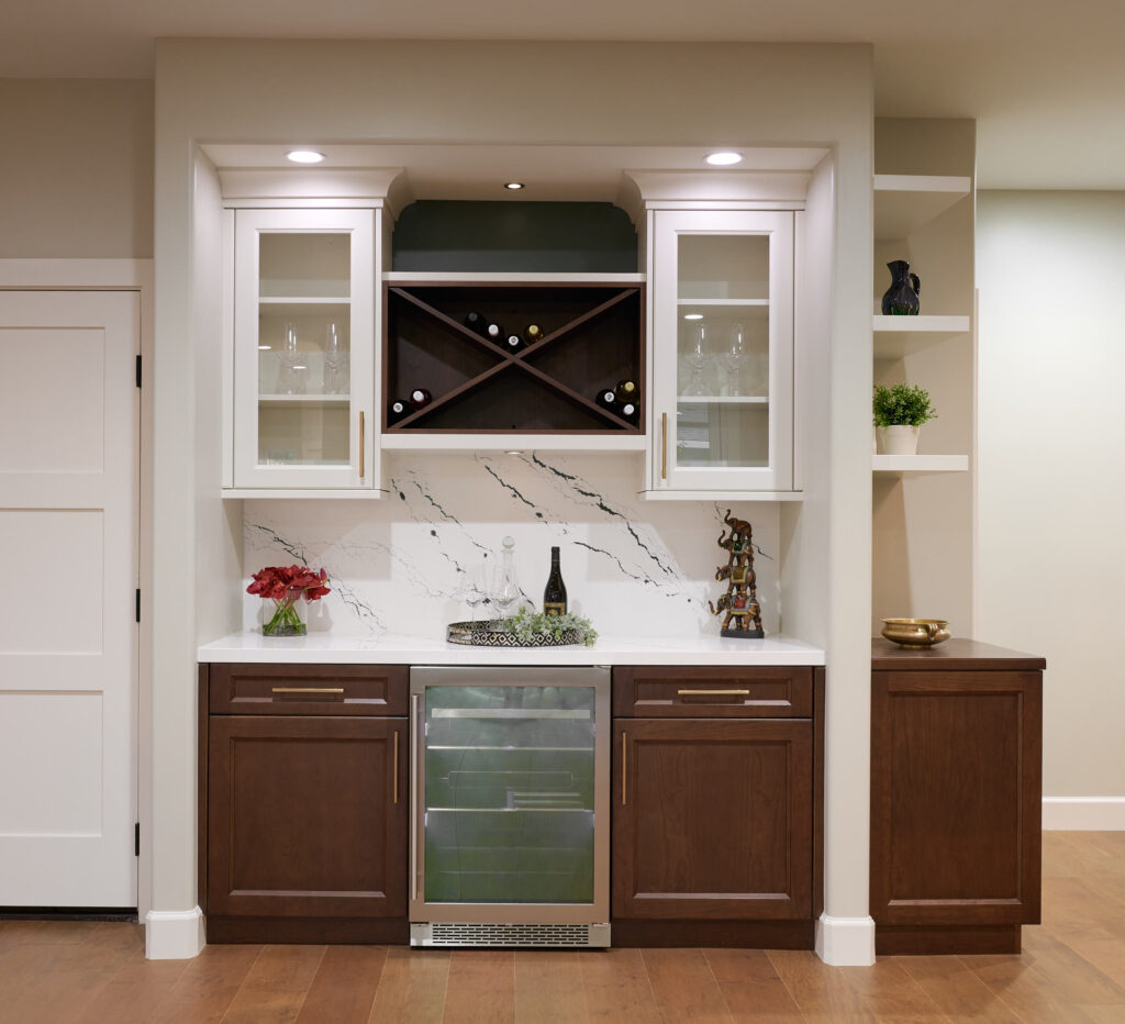 turn-key-residential-interior-design-woodside-ca-interior-design-wood-accents-bar-area-in-kitchen-wine-storage-beverage-fridge-elegant
