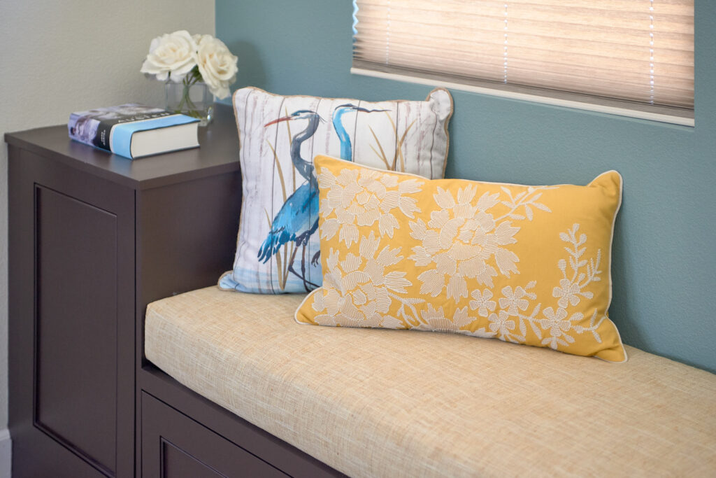 raashi-design-pleasanton-ca-summer-design-swaps-built-in-bench-with-custom-cushion-throw-pillow-with-blue-birds-yellow-pillow-elegant