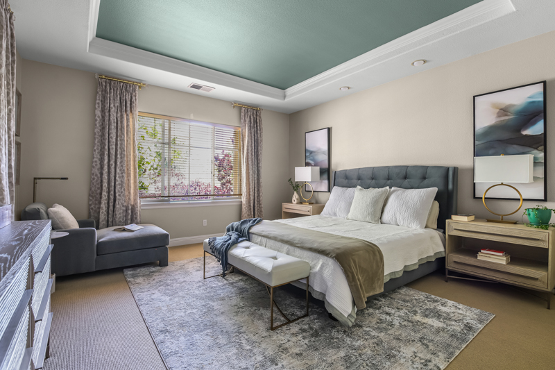 turn-key-residential-interior-design-fremont-ca-summer-design-swaps-luxury-bedroom-with-teal-ceiling-large-window-upholstered-headboard-inspire