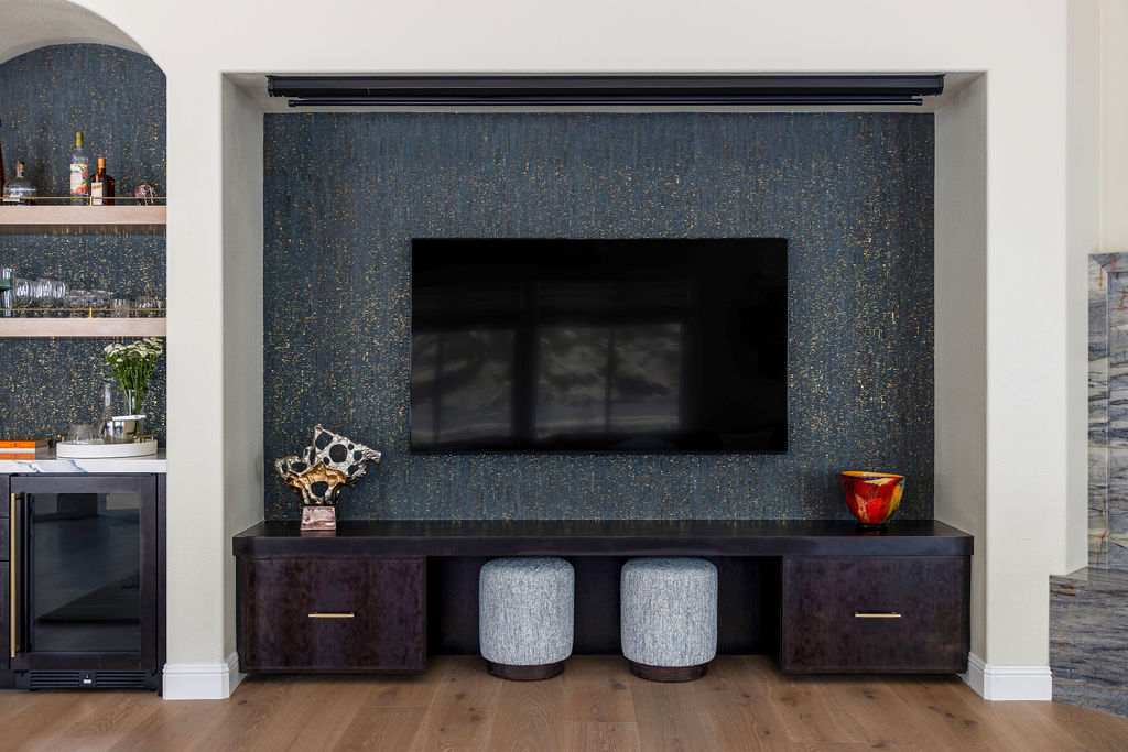 turn-key-residential-interior-design-saratoga-ca-full-gut-reno-living-room-wall-with-rich-wallpaper-tv-built-in-arched-cabinets-contemporary-designer-on-call