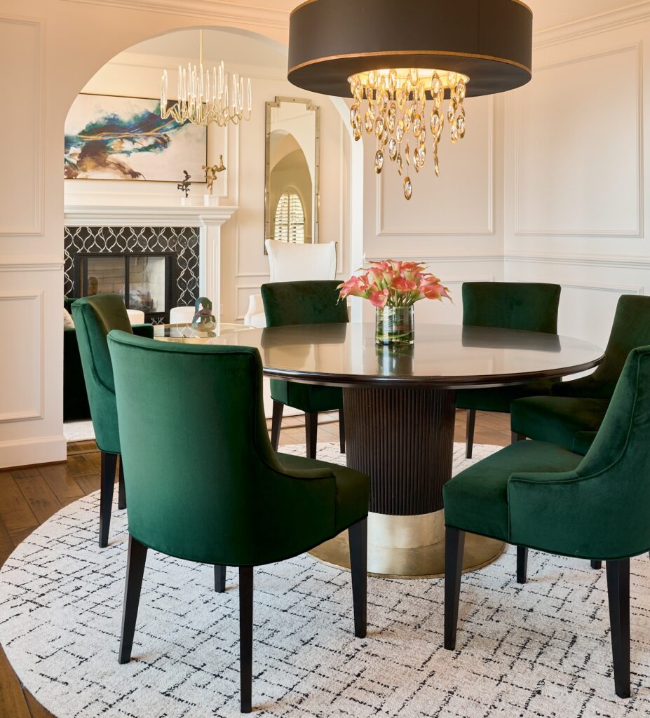 raashi-design-los-altos-ca-high-quality-rug-dining-room-with-round-table-and-rug-emerald-green-chairs-formal-home-elegant