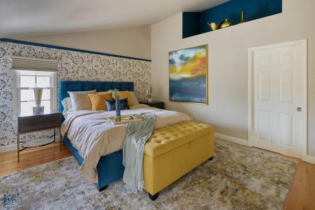 raashi-design-woodside-ca-high-quality-rug-bedroom-with-blue-and-yellow-colors-comfortable-furnishings-modern-designer-for-a-day