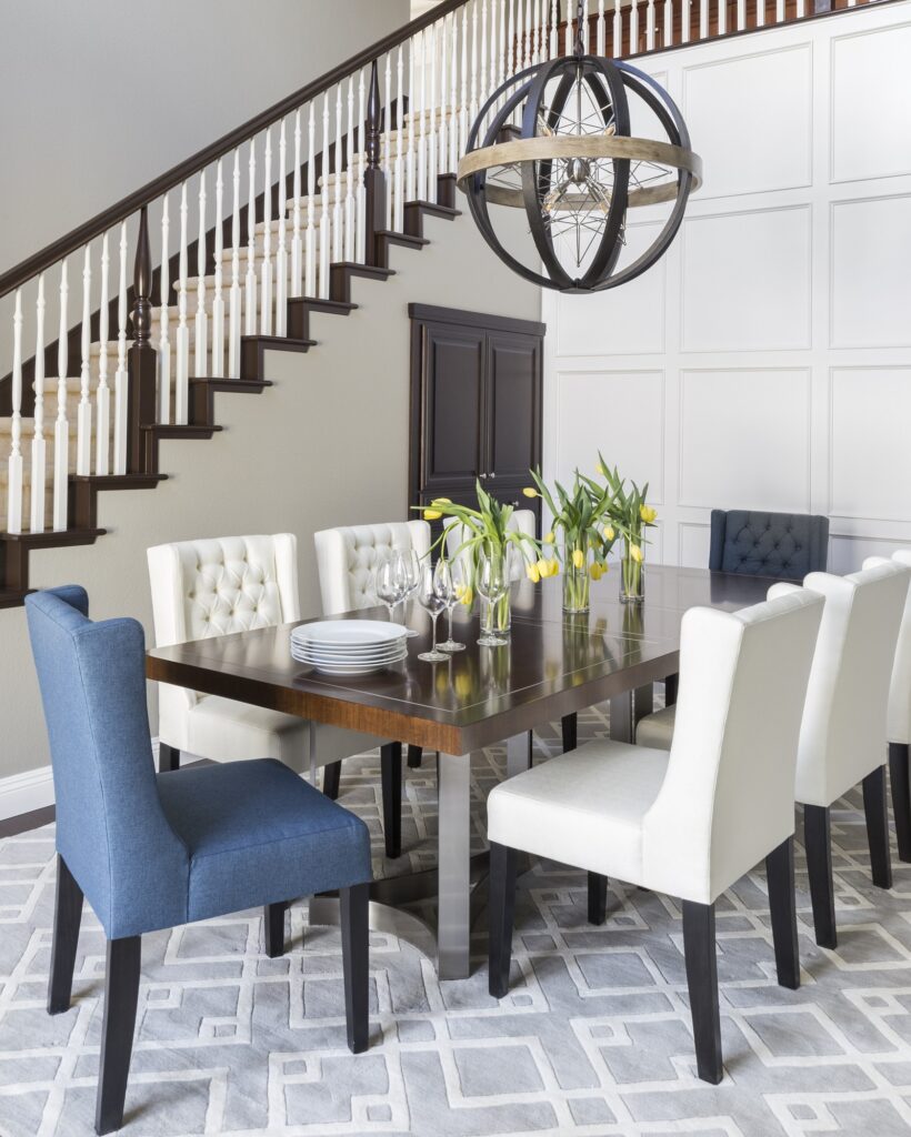 full-service-interior-design-palo-alto-ca-wood-finishes-dining-room-with-upholstered-chairs-dark-wood-by-staircase-inspire-designer-on-call